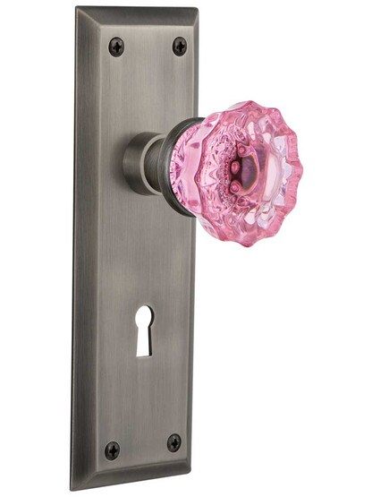 New York Mortise Lock Set with Colored Fluted Crystal Glass Knobs Pink in Antique Pewter.